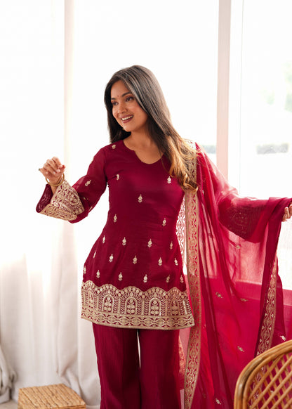 Maroon Crunchy Silk Pakistani Suit with Bell Bottom Palazzo & Embroidered Dupatta