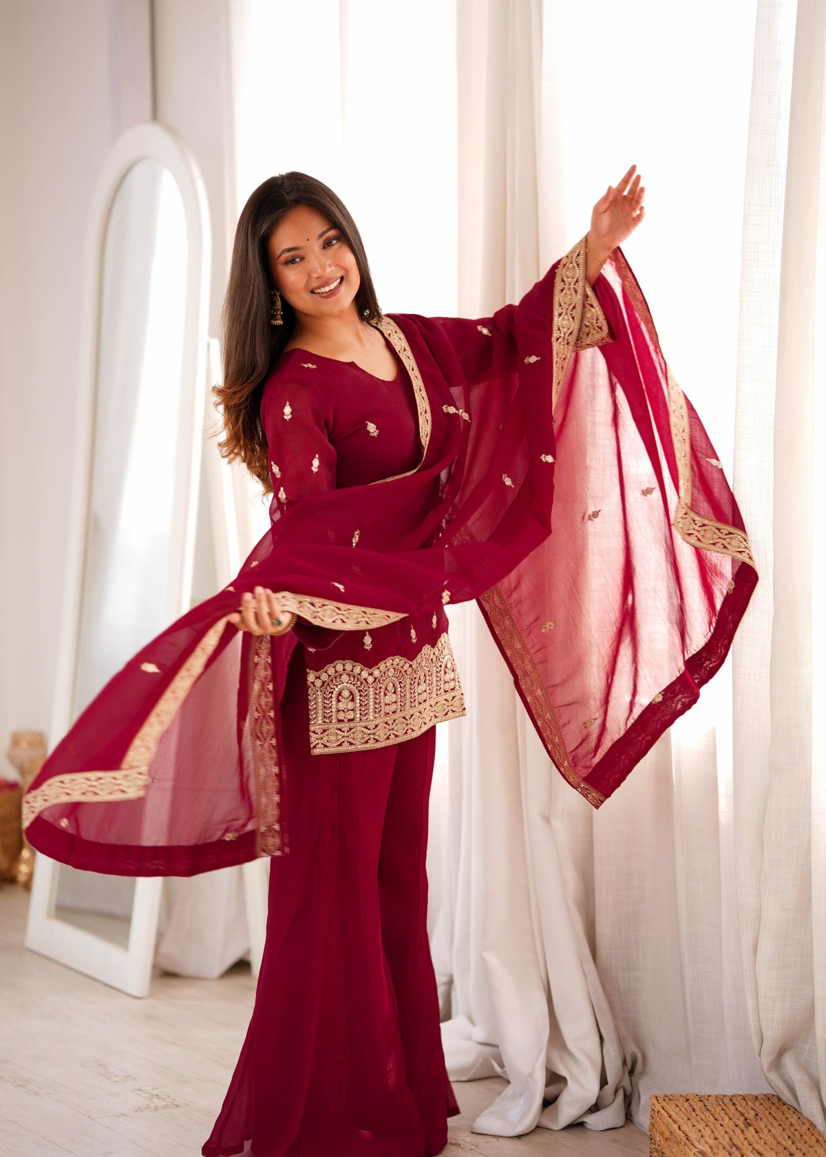 Maroon Crunchy Silk Pakistani Suit with Bell Bottom Palazzo & Embroidered Dupatta
