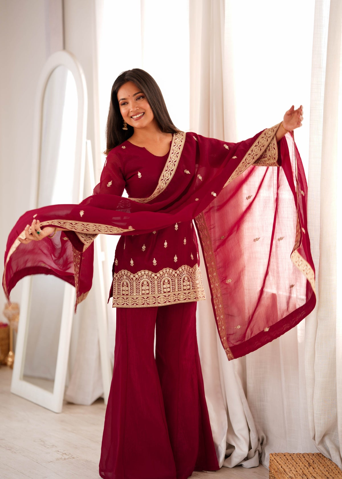 Maroon Crunchy Silk Pakistani Suit with Bell Bottom Palazzo & Embroidered Dupatta