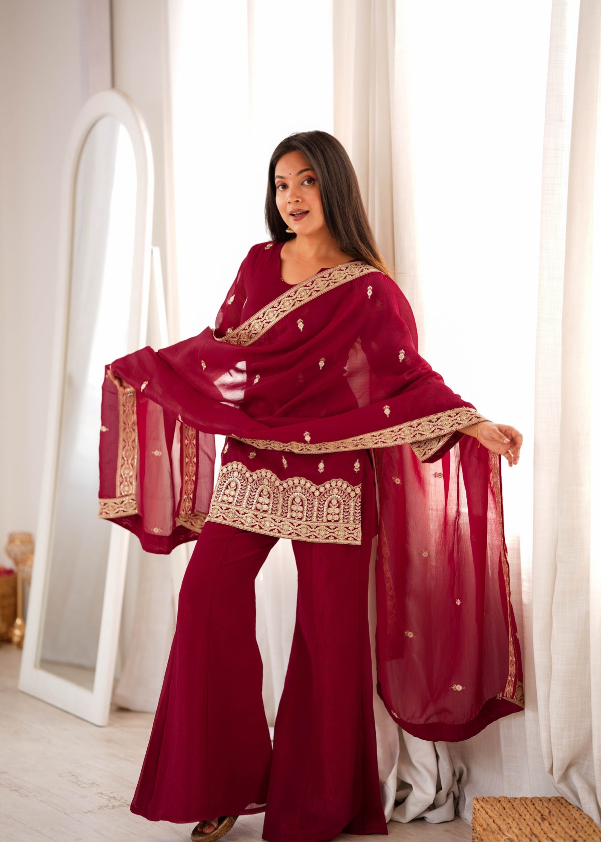 Maroon Crunchy Silk Pakistani Suit with Bell Bottom Palazzo & Embroidered Dupatta