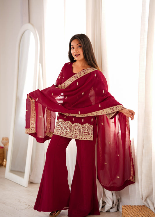 Maroon Crunchy Silk Pakistani Suit with Bell Bottom Palazzo & Embroidered Dupatta