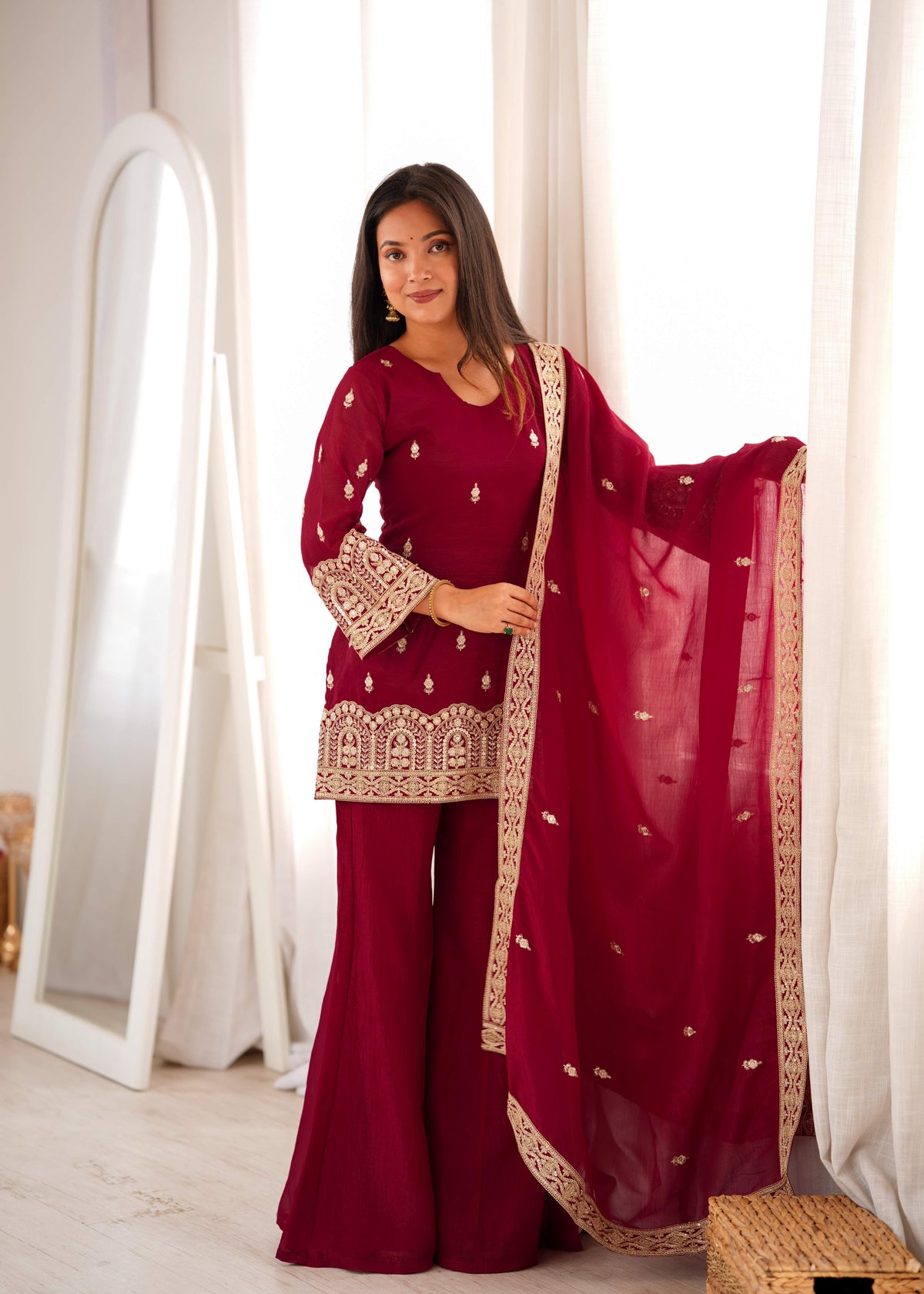 Maroon Crunchy Silk Pakistani Suit with Bell Bottom Palazzo & Embroidered Dupatta