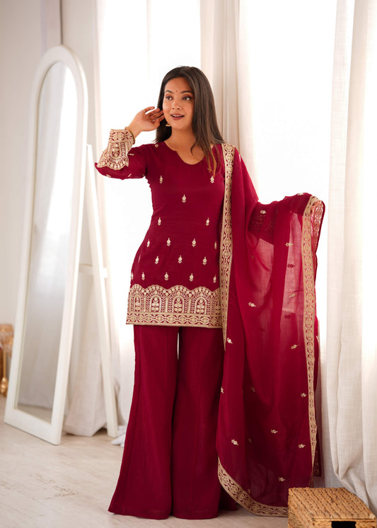 Maroon Crunchy Silk Pakistani Suit with Bell Bottom Palazzo & Embroidered Dupatta