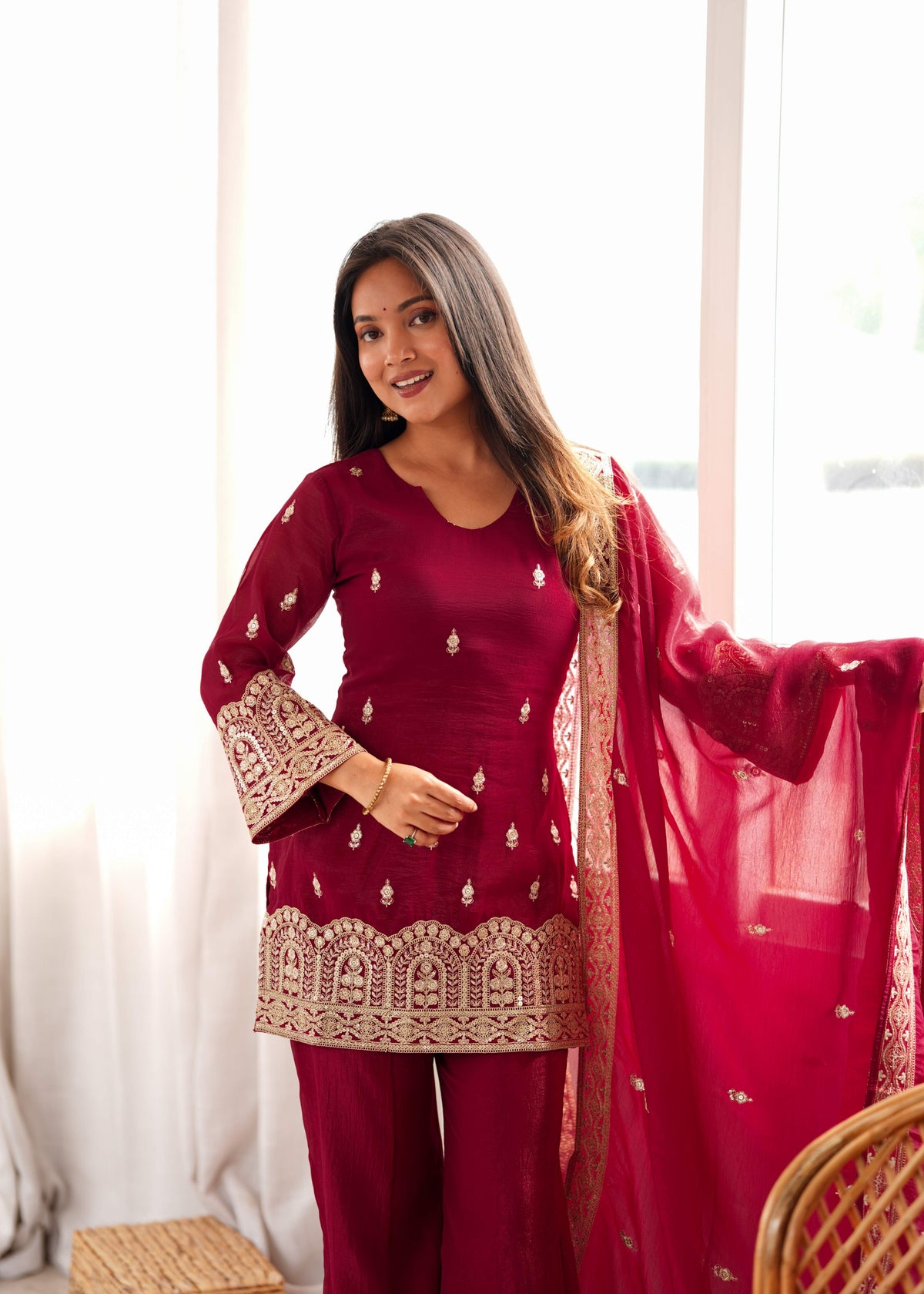 Maroon Crunchy Silk Pakistani Suit with Bell Bottom Palazzo & Embroidered Dupatta