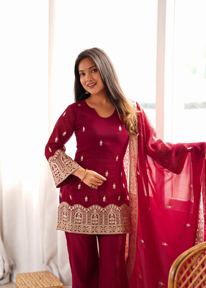 Maroon Crunchy Silk Pakistani Suit with Bell Bottom Palazzo & Embroidered Dupatta