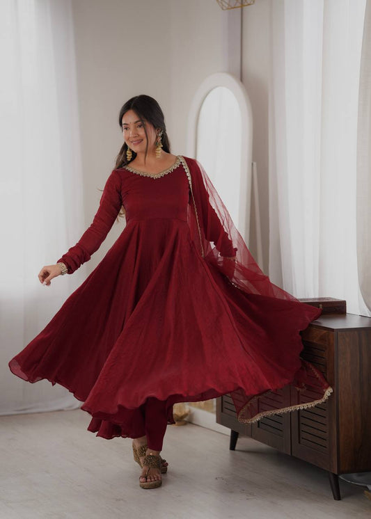 Maroon Flared Anarkali Gown with Real Mirror Work Lace Border