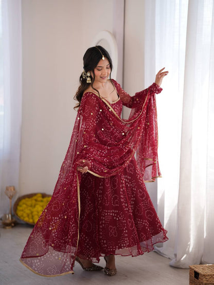 Maroon Georgette Printed Anarkali Suit Set with Dupatta