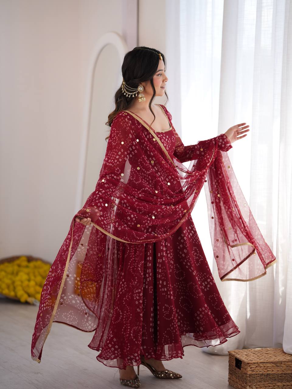 Maroon Georgette Printed Anarkali Suit Set with Dupatta