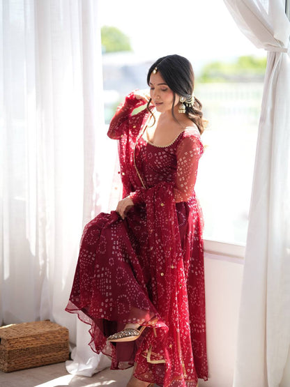 Maroon Georgette Printed Anarkali Suit Set with Dupatta