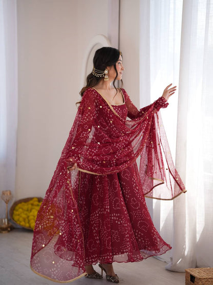 Maroon Georgette Printed Anarkali Suit Set with Dupatta