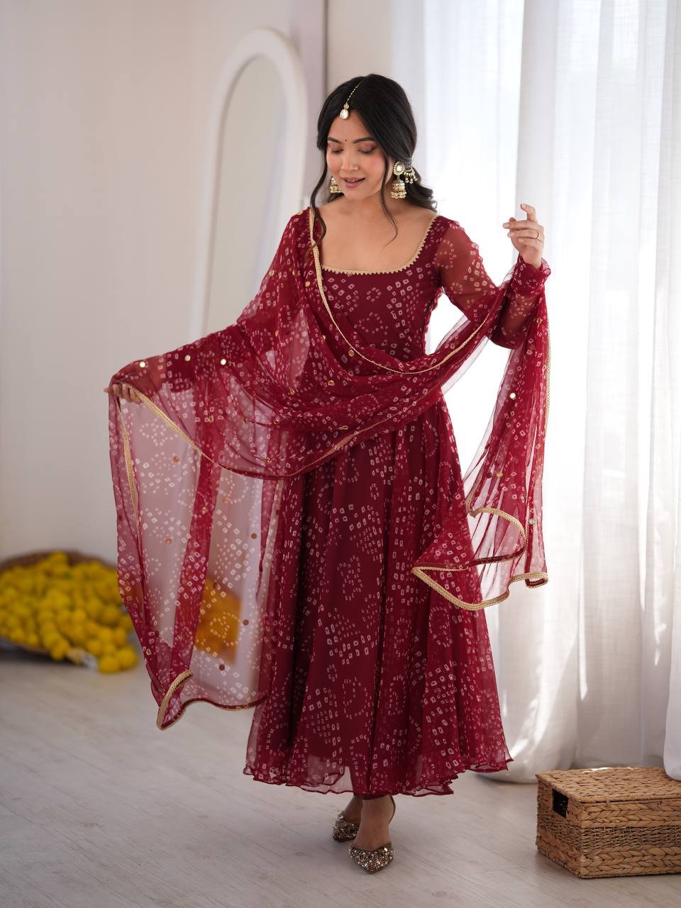 Maroon Georgette Printed Anarkali Suit Set with Dupatta