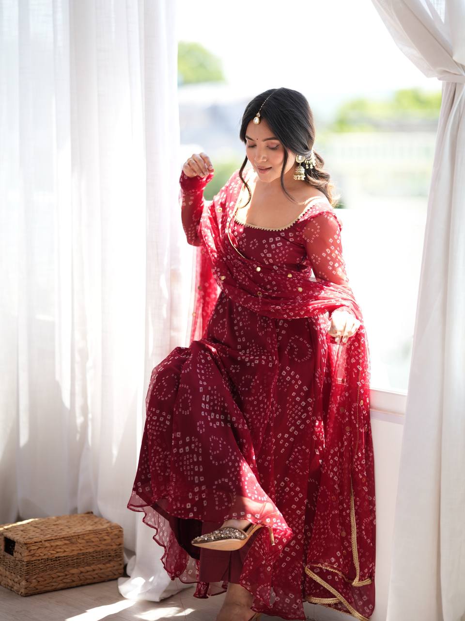 Maroon Georgette Printed Anarkali Suit Set with Dupatta