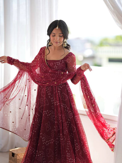 Maroon Georgette Printed Anarkali Suit Set with Dupatta
