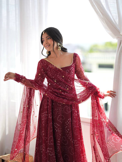 Maroon Georgette Printed Anarkali Suit Set with Dupatta