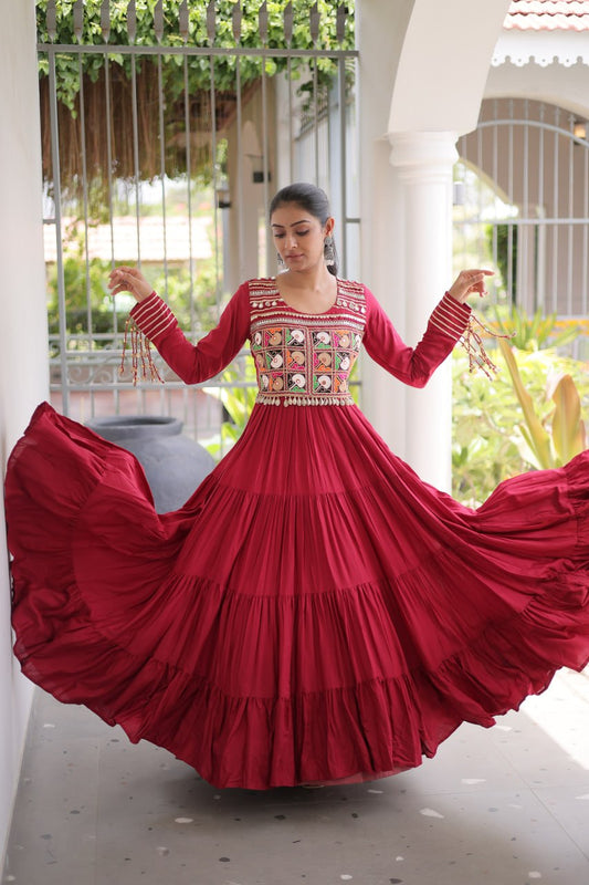 Maroon Navratri Gamthi Work Gown with Kutchi Embroidery & Mirror Work