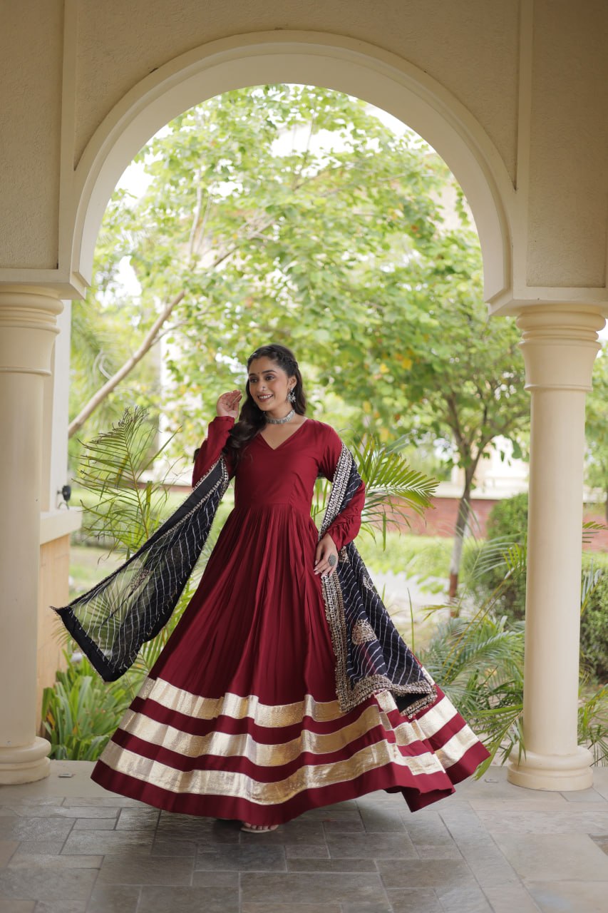 Maroon Rayon Gota Patti Gown with Leheriya Zari Dupatta