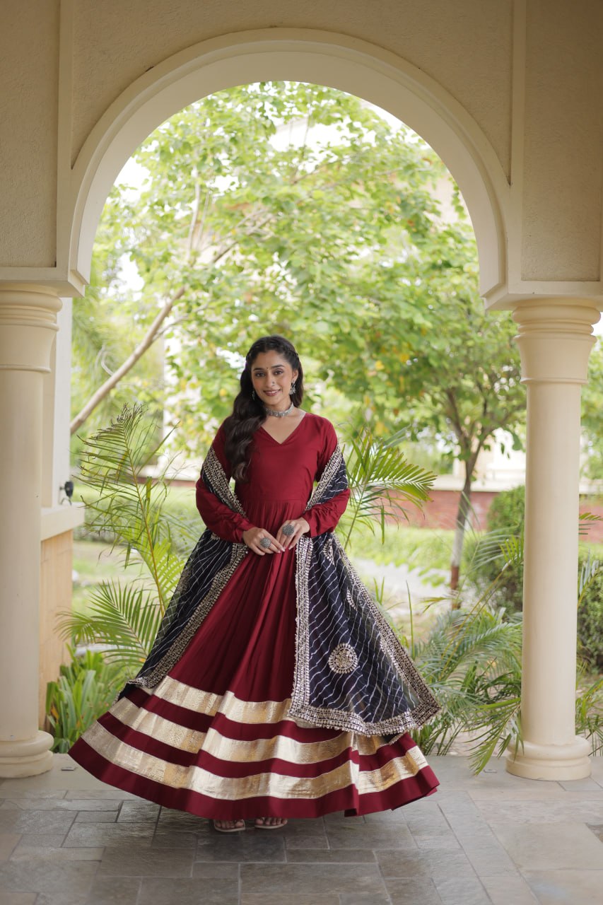 Maroon Rayon Gota Patti Gown with Leheriya Zari Dupatta