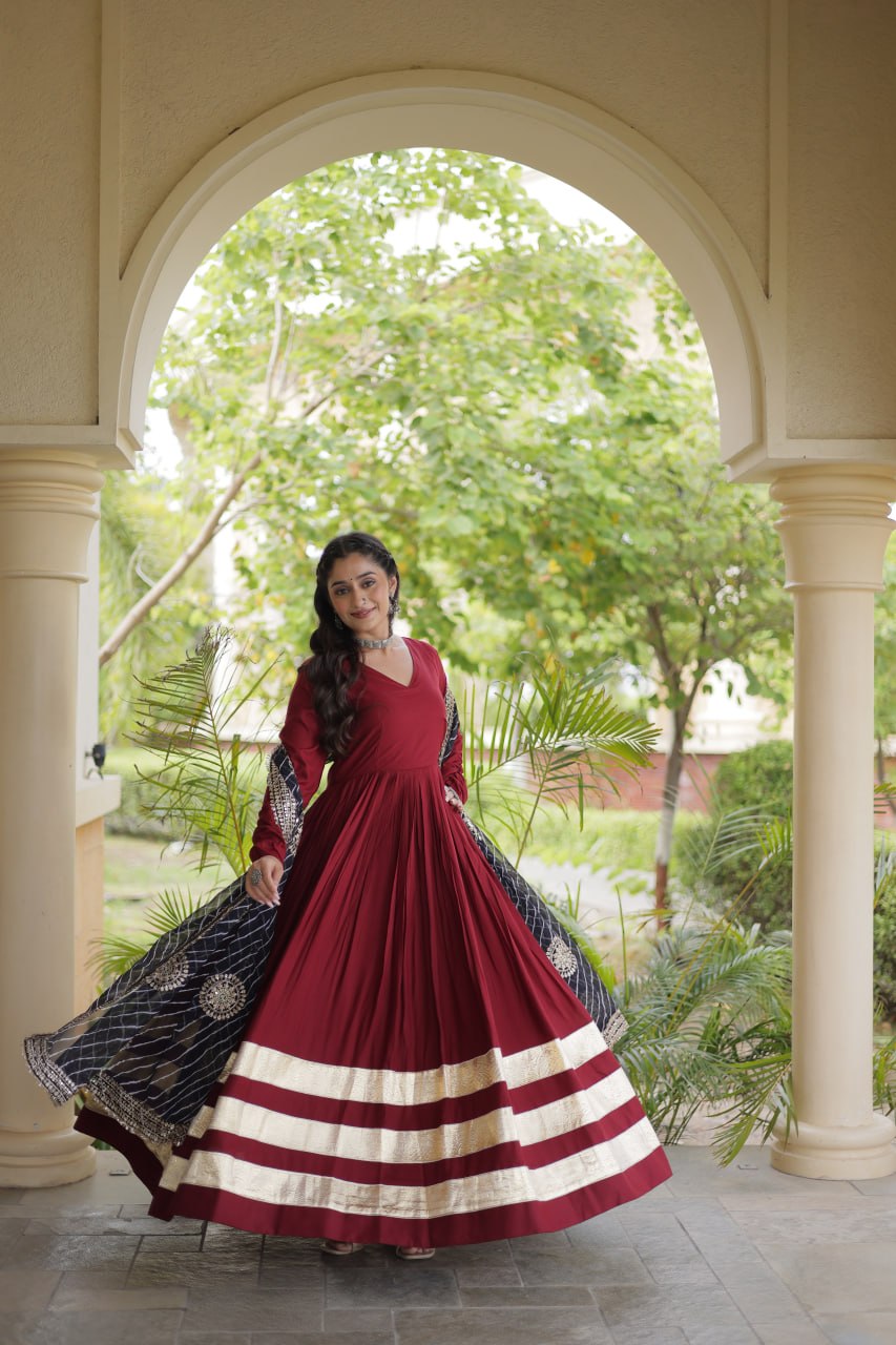 Maroon Rayon Gota Patti Gown with Leheriya Zari Dupatta