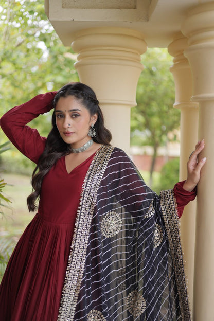 Maroon Rayon Gota Patti Gown with Leheriya Zari Dupatta