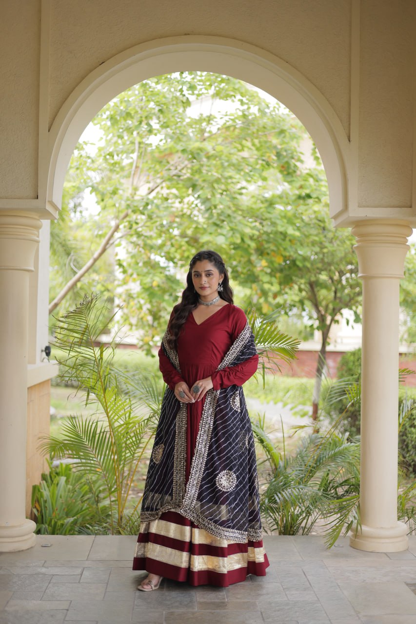 Maroon Rayon Gota Patti Gown with Leheriya Zari Dupatta
