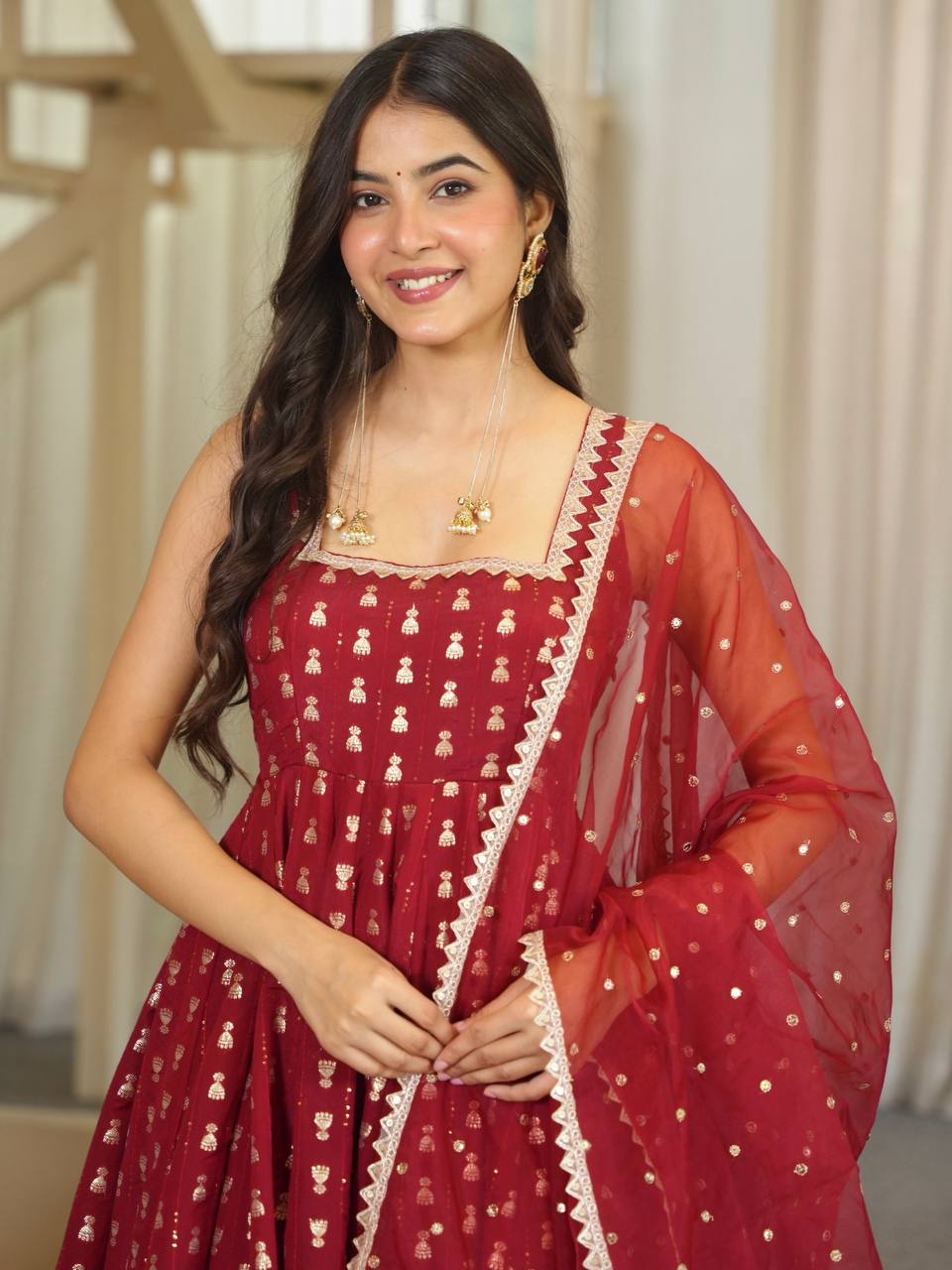 Maroon Jacquard Anarkali Gown with Golden Butti & Matching Dupatta