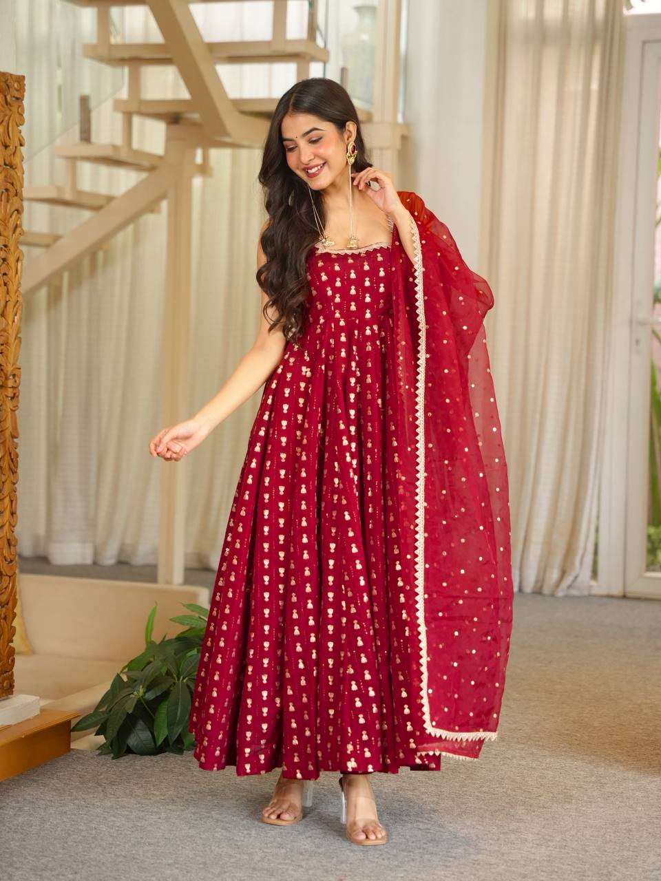 Maroon Jacquard Anarkali Gown with Golden Butti & Matching Dupatta