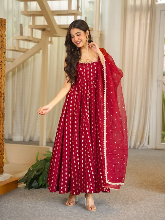 Maroon Jacquard Anarkali Gown with Golden Butti & Matching Dupatta