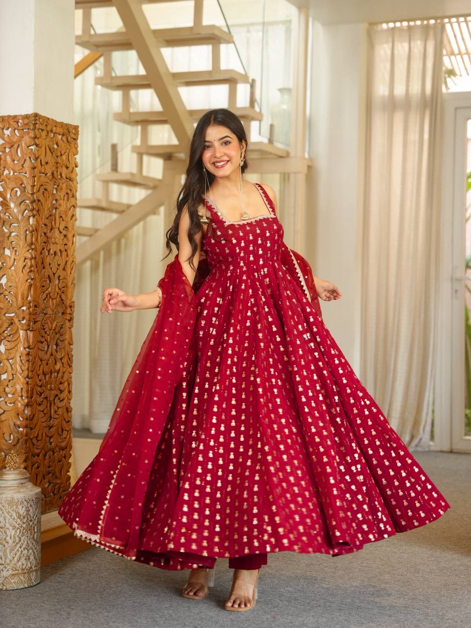 Maroon Jacquard Anarkali Gown with Golden Butti & Matching Dupatta