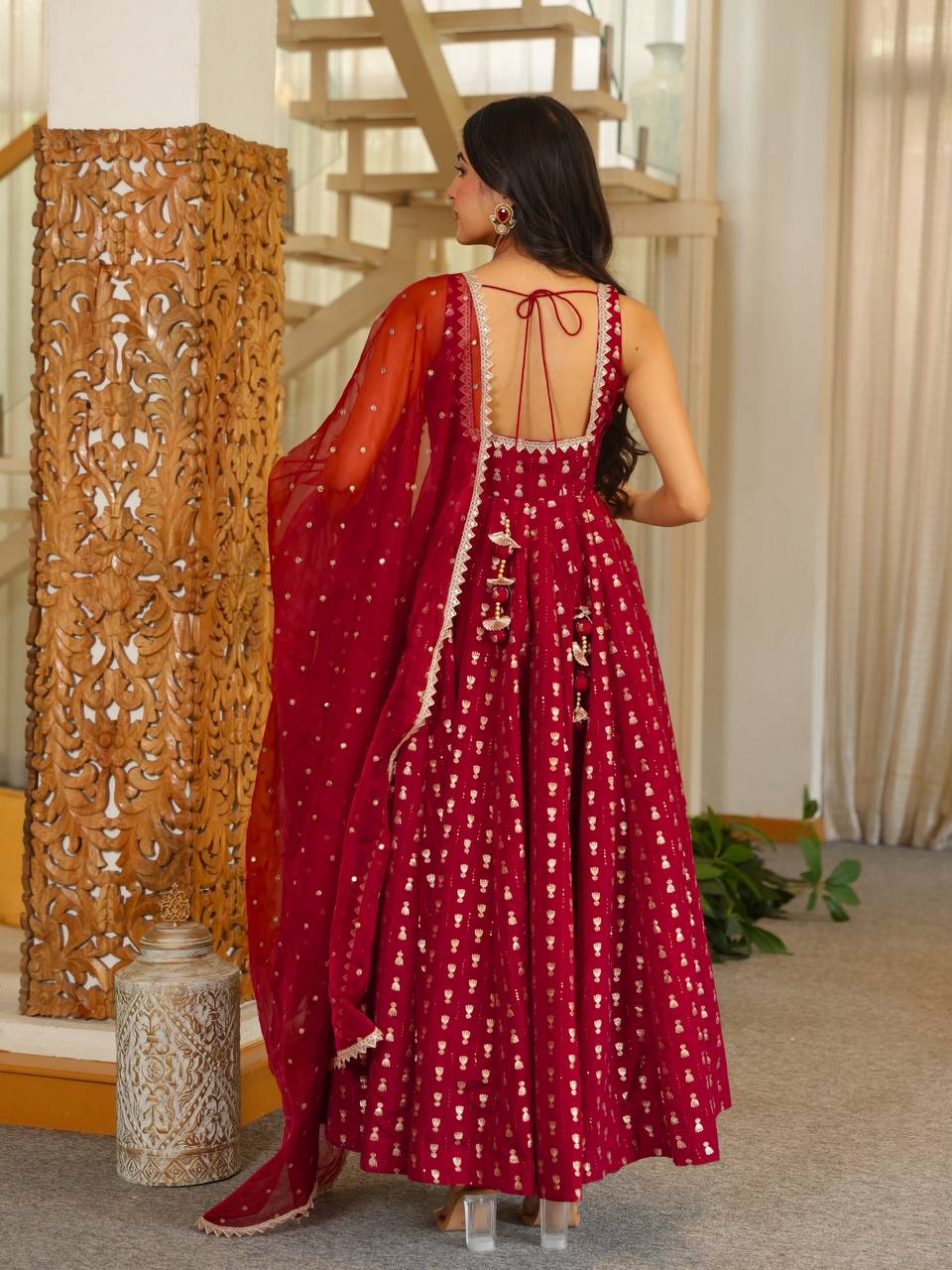 Maroon Jacquard Anarkali Gown with Golden Butti & Matching Dupatta