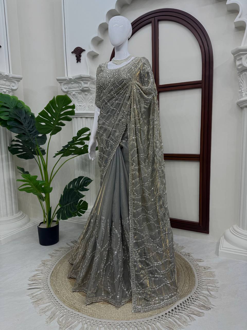 Metallic Grey Beads Sequin Embroidered Saree with Heavy Work Blouse