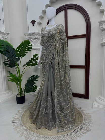Metallic Grey Beads Sequin Embroidered Saree with Heavy Work Blouse