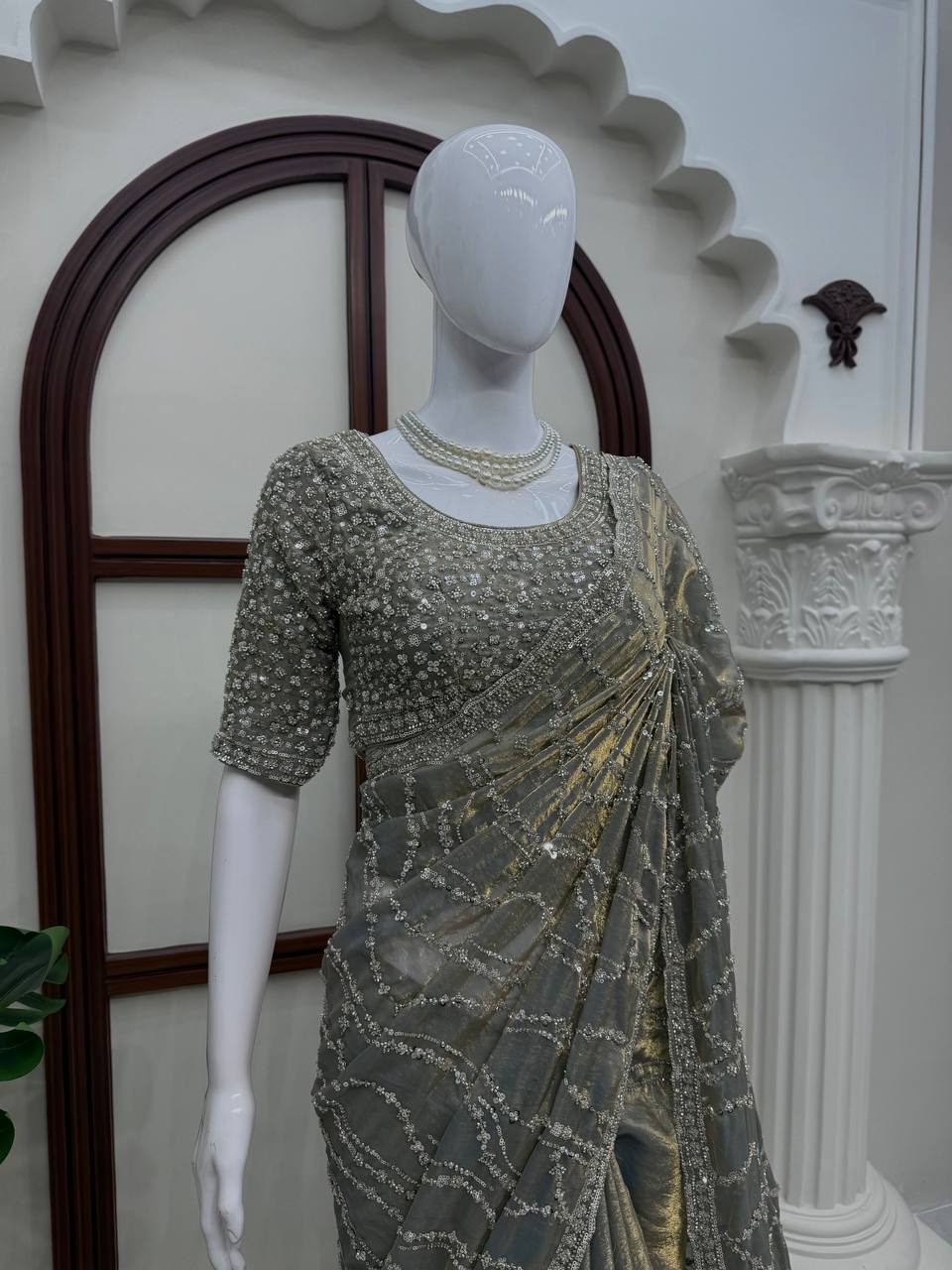 Metallic Grey Beads Sequin Embroidered Saree with Heavy Work Blouse