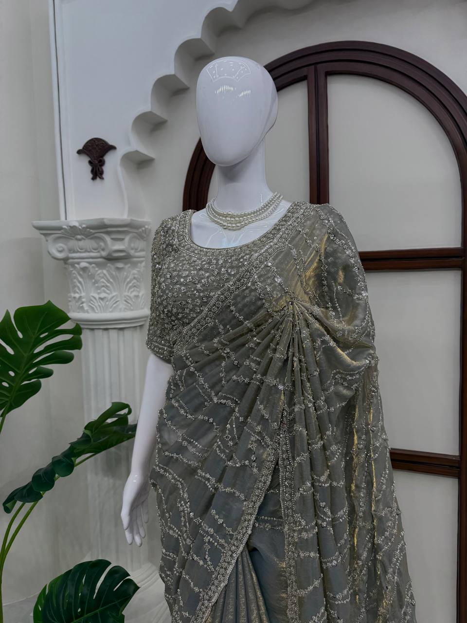 Metallic Grey Beads Sequin Embroidered Saree with Heavy Work Blouse