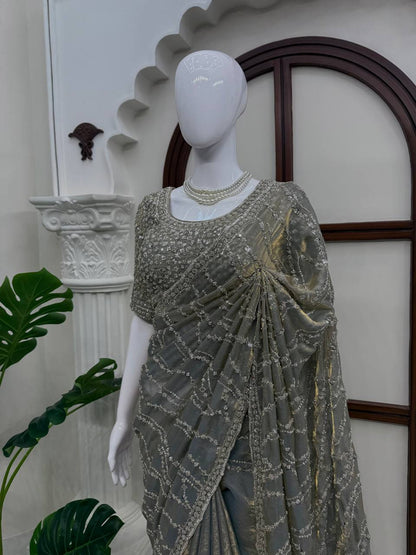 Metallic Grey Beads Sequin Embroidered Saree with Heavy Work Blouse