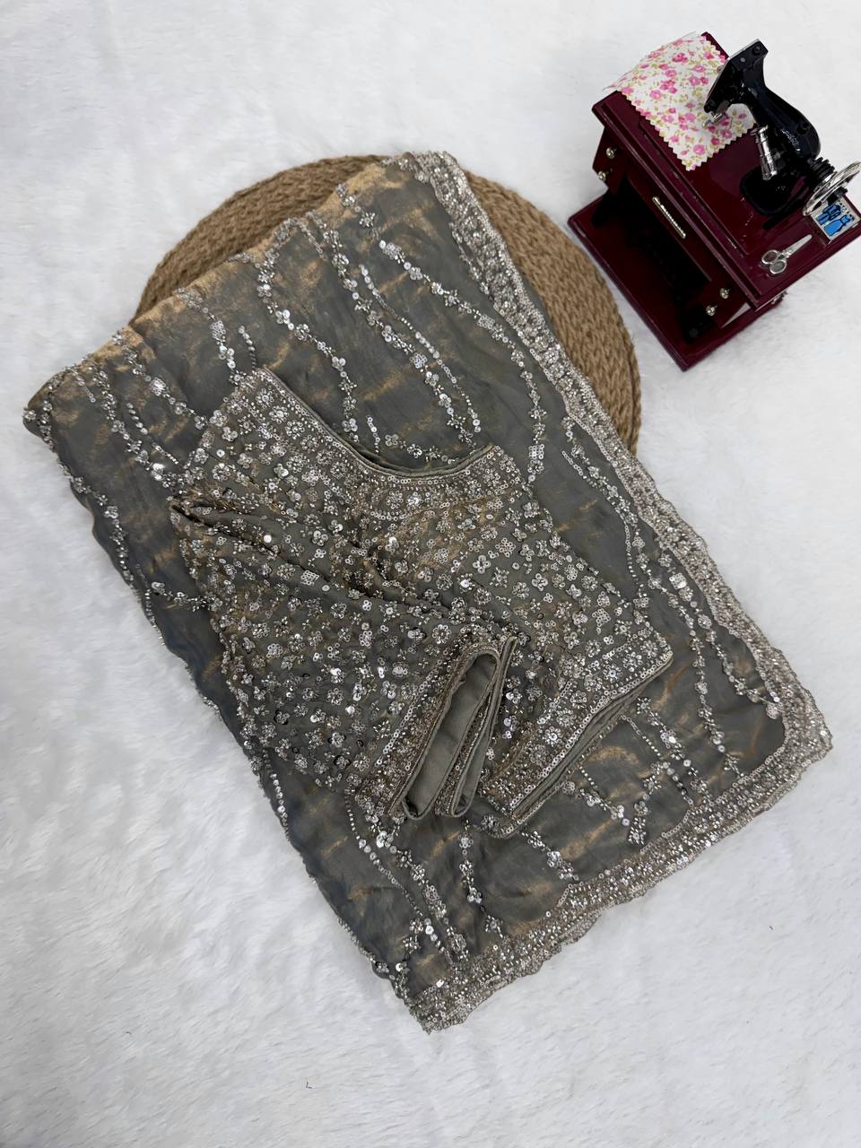 Metallic Grey Beads Sequin Embroidered Saree with Heavy Work Blouse