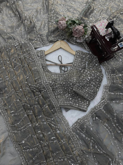 Metallic Grey Beads Sequin Embroidered Saree with Heavy Work Blouse