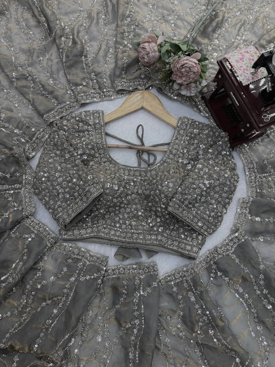 Metallic Grey Beads Sequin Embroidered Saree with Heavy Work Blouse