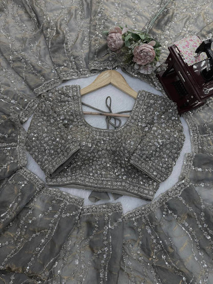 Metallic Grey Beads Sequin Embroidered Saree with Heavy Work Blouse
