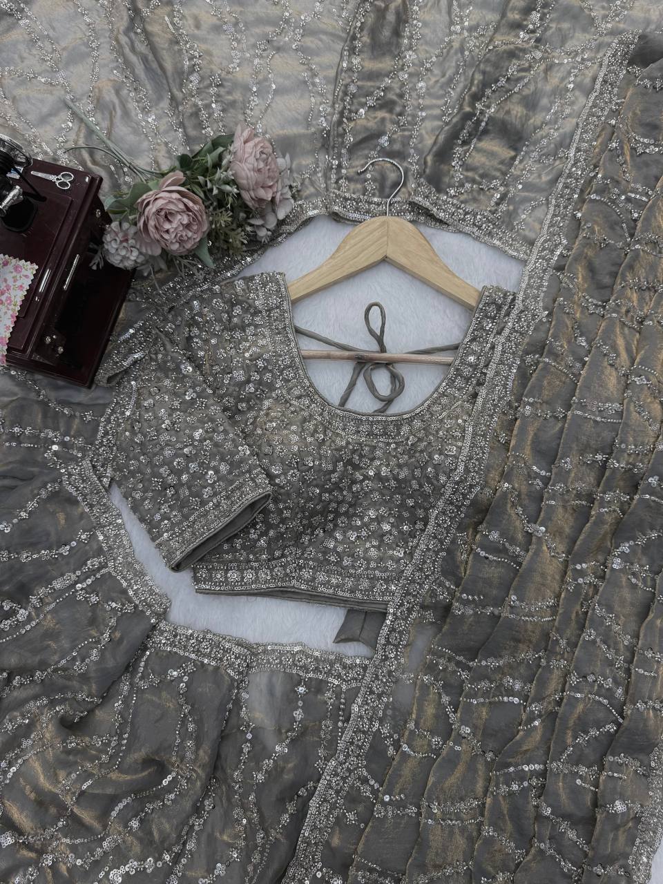 Metallic Grey Beads Sequin Embroidered Saree with Heavy Work Blouse