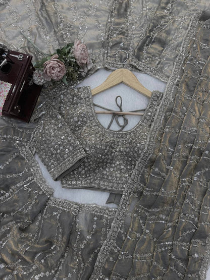 Metallic Grey Beads Sequin Embroidered Saree with Heavy Work Blouse