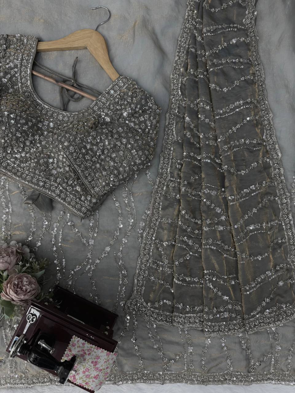 Metallic Grey Beads Sequin Embroidered Saree with Heavy Work Blouse
