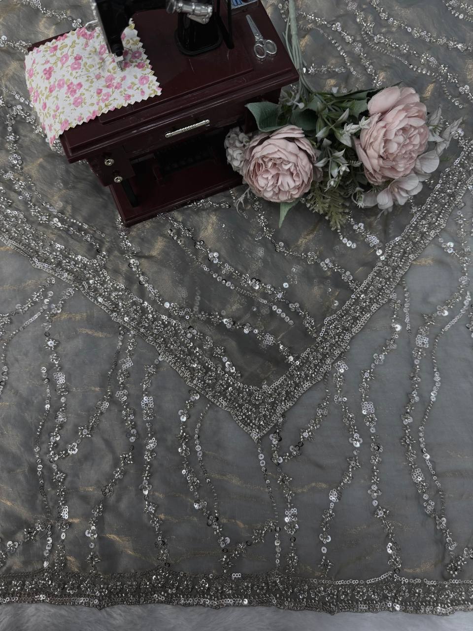 Metallic Grey Beads Sequin Embroidered Saree with Heavy Work Blouse