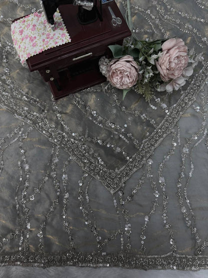 Metallic Grey Beads Sequin Embroidered Saree with Heavy Work Blouse