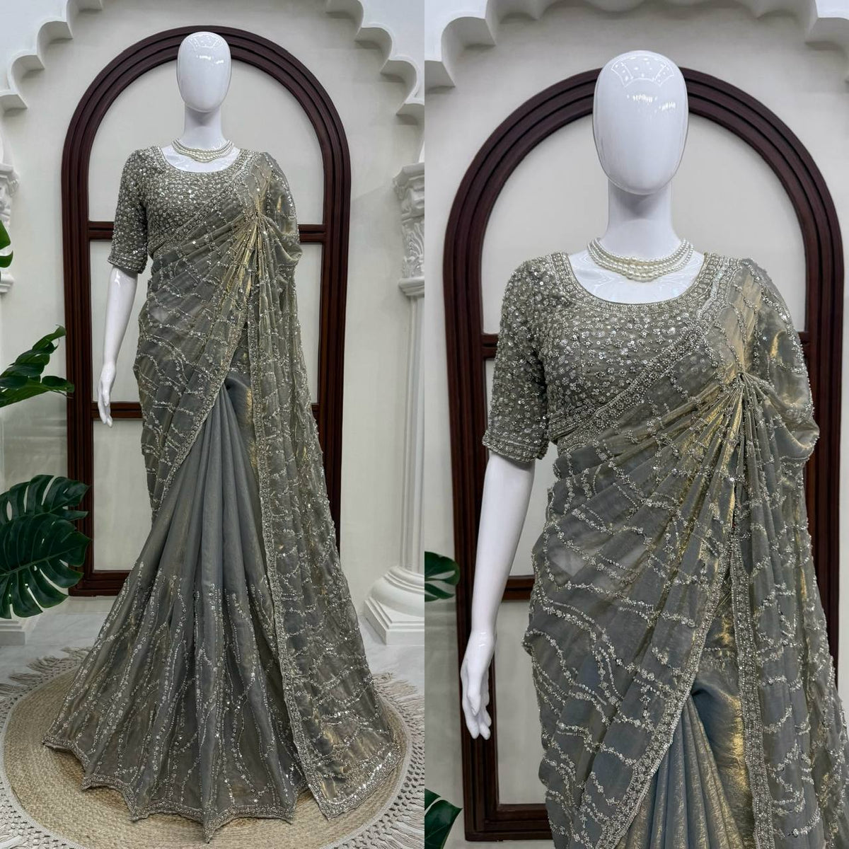Metallic Grey Beads Sequin Embroidered Saree with Heavy Work Blouse