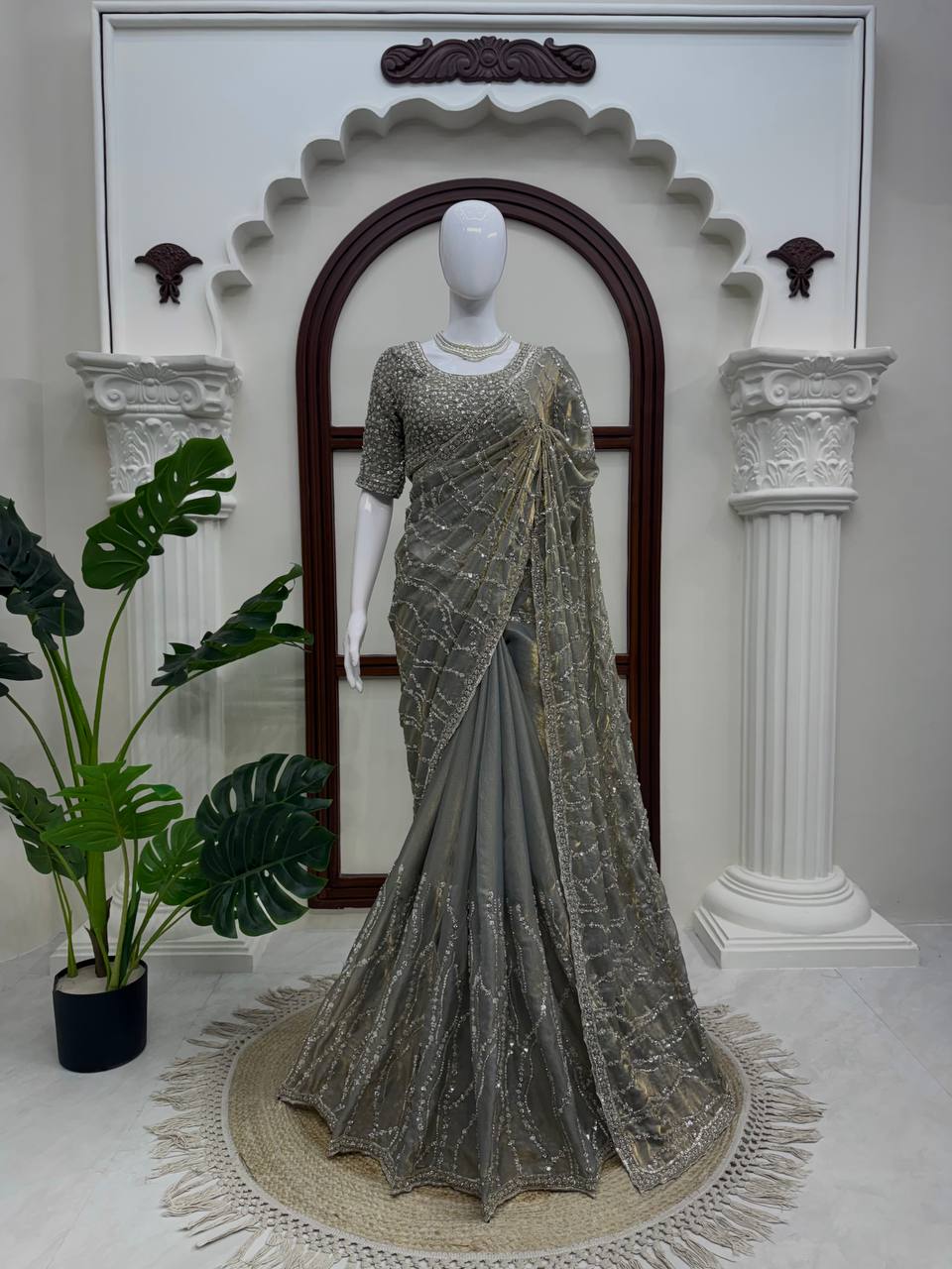 Metallic Grey Beads Sequin Embroidered Saree with Heavy Work Blouse