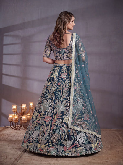 Midnight Blue Botanical Fantasy Embroidered Lehenga Choli