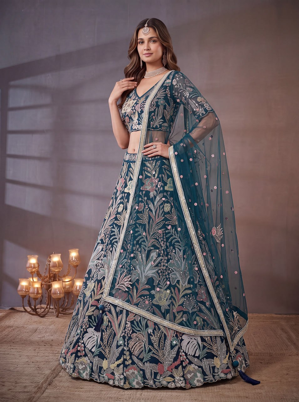 Midnight Blue Botanical Fantasy Embroidered Lehenga Choli