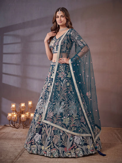 Midnight Blue Botanical Fantasy Embroidered Lehenga Choli