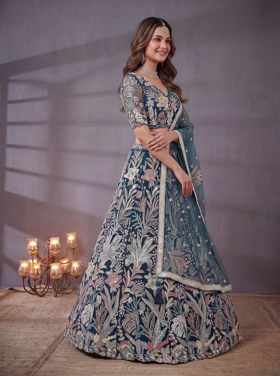 Midnight Blue Botanical Fantasy Embroidered Lehenga Choli