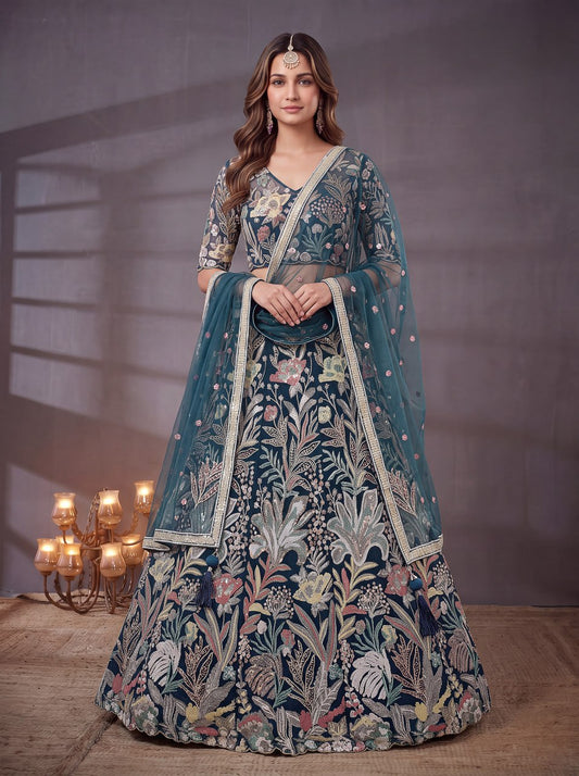 Midnight Blue Botanical Fantasy Embroidered Lehenga Choli